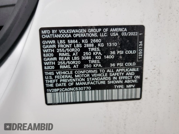 2022 Volkswagen Atlas SEL with VIN 1V2BP2CA0NC530770, listed as a Copart auction lot 55657454 with 31,121 mi miles and Salvage title. Bid and sale history available at DreamBid. Image 13.