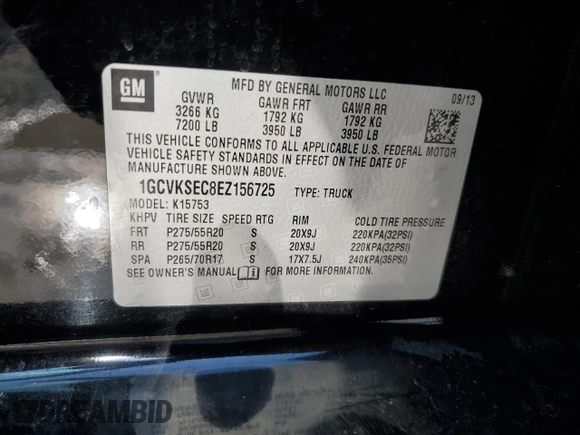 2014 Chevrolet Silverado 1500 LTZ with VIN 1GCVKSEC8EZ156725, listed as a Copart auction lot 43711365 with 127,224 mi miles and Salvage Title. Bid and sale history available at DreamBid. Image 12.
