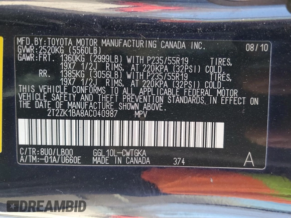 2010 Lexus RX 350 with VIN 2T2ZK1BA8AC040987, listed as a Copart auction lot 47974085 with 193,343 mi miles and Salvage Title. Bid and sale history available at DreamBid. Image 13.