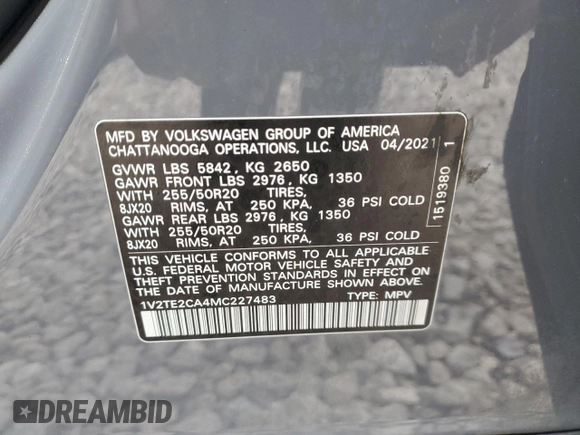 2021 Volkswagen Atlas SEL Premium with VIN 1V2TE2CA4MC227483, listed as a Copart auction lot 80266004 with 45,614 mi miles and Salvage title. Bid and sale history available at DreamBid. Image 13.