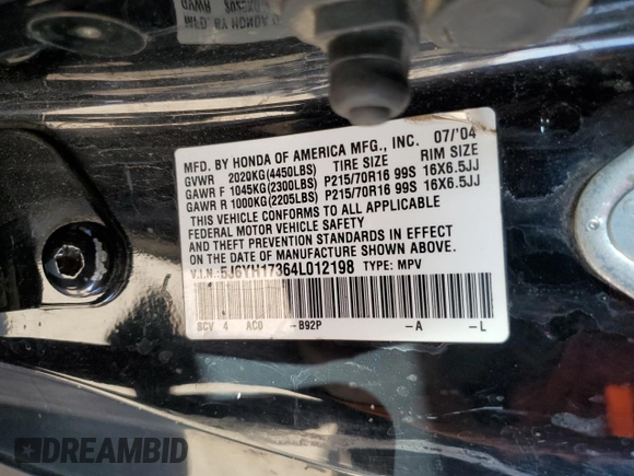 2004 Honda Element LX with VIN 5J6YH17364L012198, listed as a Copart auction lot 78049714 with 245,360 mi miles and Clean Title. Bid and sale history available at DreamBid. Image 13.