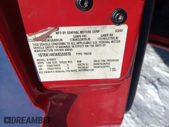 1999 GMC Sierra 1500 SLE with VIN 1GTEK14V3XE533078, listed as a Copart auction lot 48763075 with 160,477 mi miles and Salvage Title. Bid and sale history available at DreamBid. Image 13.