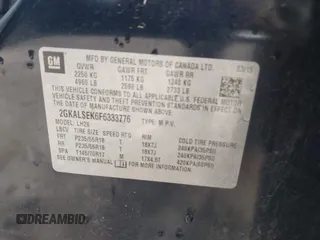 2015 GMC Terrain SLT z VIN 2GKALSEK6F6333776, wystawiony jako IAAI lot #42011295 z przebiegiem 133 831 mil mil oraz . Historia ofert i sprzedaży dostępna na DreamBid. Obrazek 9.