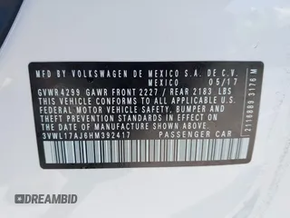 2017 Volkswagen Jetta SEL with VIN 3VWL17AJ6HM392417, listed as a IAAI auction lot 42684427 with 61,224 mi miles and . Bid and sale history available at DreamBid. Image 9.