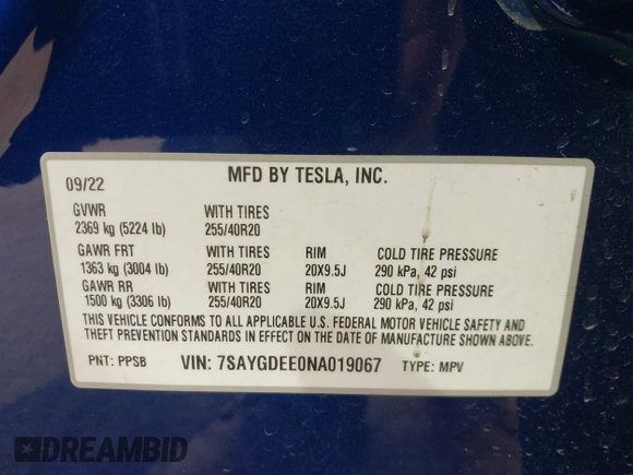 2022 Tesla Model Y Long Range with VIN 7SAYGDEE0NA019067, listed as a IAAI auction lot 41645198 with 49,336 mi miles and . Bid and sale history available at DreamBid. Image 9.
