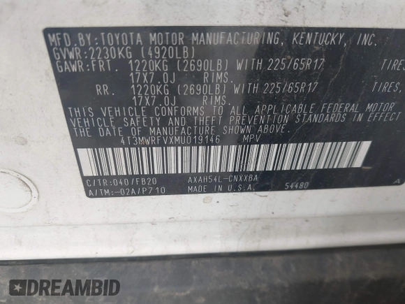 2021 Toyota RAV4 Hybrid LE with VIN 4T3MWRFVXMU019146, listed as a IAAI auction lot 42646836 with 108,450 mi miles and . Bid and sale history available at DreamBid. Image 9.
