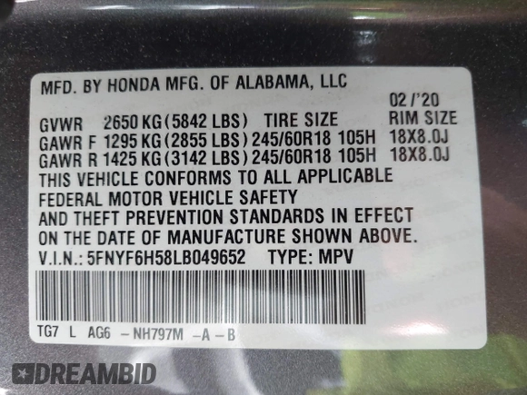 2020 Honda Pilot EX-L z VIN 5FNYF6H58LB049652, wystawiony jako IAAI lot #42213555 z przebiegiem 84 846 mil mil oraz . Historia ofert i sprzedaży dostępna na DreamBid. Obrazek 9.