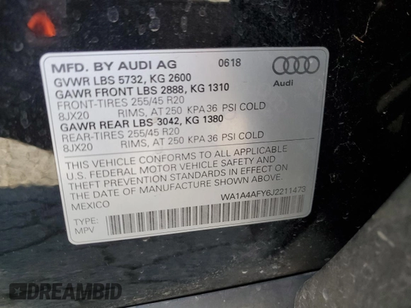 2018 Audi SQ5 Premium Plus with VIN WA1A4AFY6J2211473, listed as a Copart auction lot 60743074 with Not Provided miles and Salvage Title. Bid and sale history available at DreamBid. Image 15.