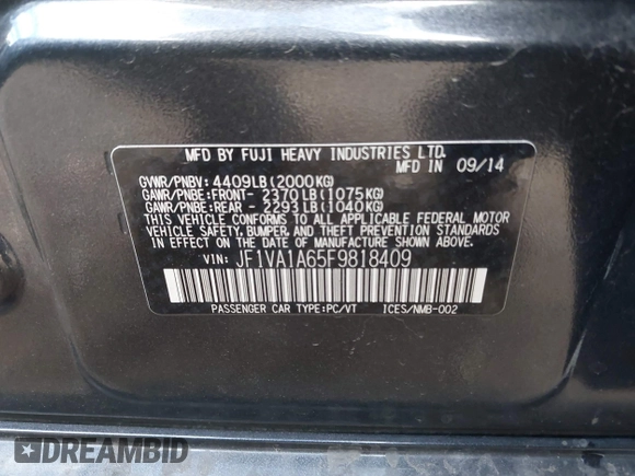 2015 Subaru WRX with VIN JF1VA1A65F9818409, listed as a IAAI auction lot 40895247 with 73,273 mi miles. Bid and sale history available at carsss.com. Image 9.