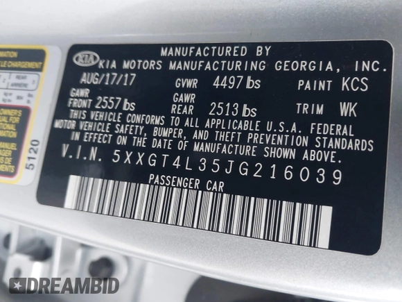 2018 Kia Optima S with VIN 5XXGT4L35JG216039, listed as a IAAI auction lot 42451216 with 91,679 mi miles and . Bid and sale history available at DreamBid. Image 9.