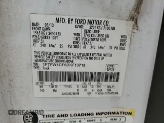 2013 Ford F-150 XL with VIN 1FTFW1CF6DKF13715, listed as a Copart auction lot 55394455 with 265,607 mi miles and Clean Title. Bid and sale history available at carsss.com. Image 12.