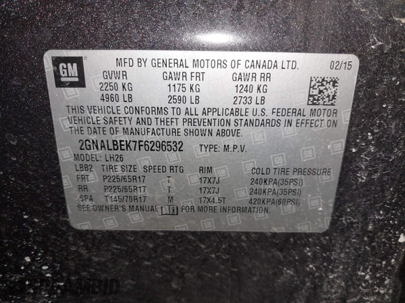 2015 Chevrolet Equinox LT z VIN 2GNALBEK7F6296532, wystawiony jako IAAI lot #41424368 z przebiegiem 152 174 mil mil oraz . Historia ofert i sprzedaży dostępna na DreamBid. Obrazek 9.