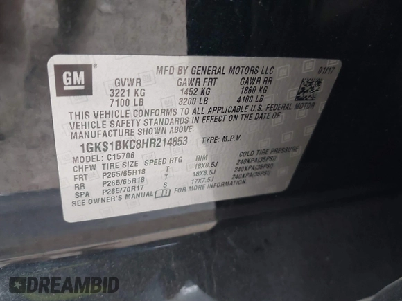2017 GMC Yukon SLT z VIN 1GKS1BKC8HR214853, wystawiony jako IAAI lot #42145186 z przebiegiem 133 145 mil mil oraz . Historia ofert i sprzedaży dostępna na DreamBid. Obrazek 9.