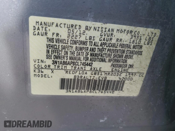 2012 Nissan Sentra 2.0 with VIN 3N1AB6AP8CL745442, listed as a Copart auction lot 48653125 with 97,093 mi miles and Non repairable. Bid and sale history available at DreamBid. Image 12.
