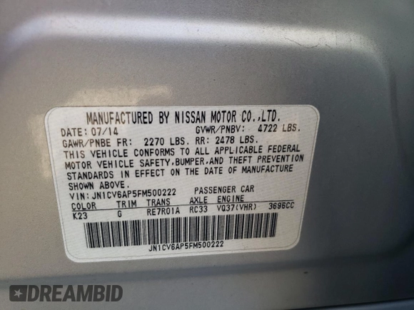 2015 Infiniti Q40 with VIN JN1CV6AP5FM500222, listed as a Copart auction lot 81565324 with 115,630 mi miles and Salvage Title. Bid and sale history available at carsss.com. Image 14.