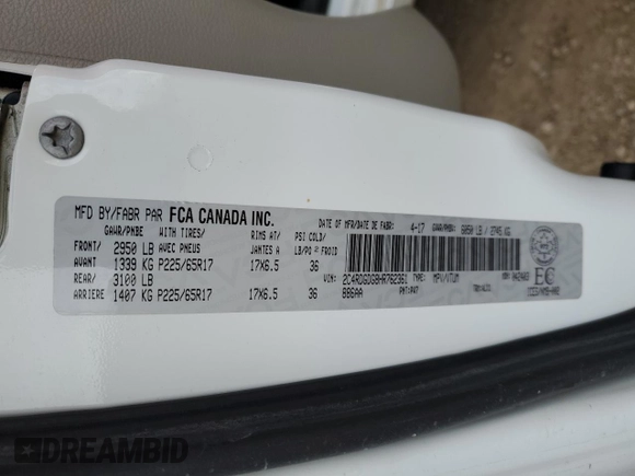 2017 Dodge Grand Caravan Crew Plus with VIN 2C4RDGDG8HR762361, listed as a Copart auction lot 78305384 with 126,916 mi miles and Clean Title. Bid and sale history available at DreamBid. Image 13.