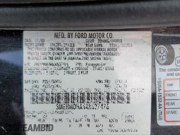 2010 Mercury Milan with VIN 3MEHM0HA4AR637476, listed as a Copart auction lot 57687715 with 114,894 mi miles and Salvage title. Bid and sale history available at DreamBid. Image 13.