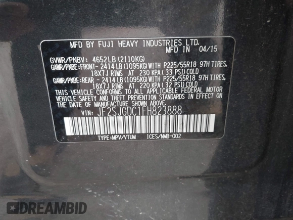 2015 Subaru Forester 2.0XT Premium with VIN JF2SJGDC1FH823888, listed as a IAAI auction lot 41829859 with 90,743 mi miles. Bid and sale history available at carsss.com. Image 9.