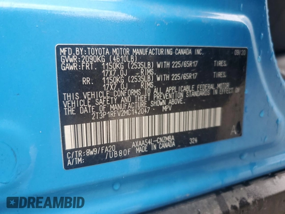 2021 Toyota RAV4 XLE with VIN 2T3P1RFV2MC142047, listed as a Copart auction lot 59095105 with 90,624 mi miles and Salvage title. Bid and sale history available at DreamBid. Image 13.