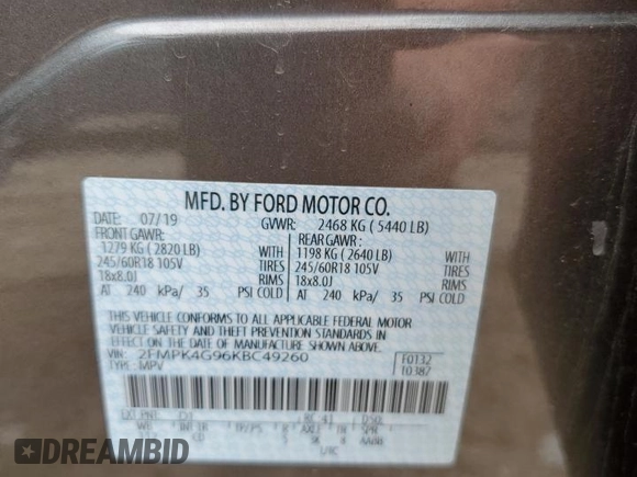 2019 Ford Edge SE with VIN 2FMPK4G96KBC49260, listed as a Copart auction lot 58135705 with 94,250 mi miles and Salvage title. Bid and sale history available at DreamBid. Image 12.