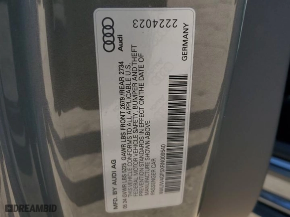 2024 Audi S5 Cabriolet Premium Plus with VIN WAUW4GF5XRN009540, listed as a Copart auction lot 89191775 with 2,868 mi miles and Salvage Title. Bid and sale history available at carsss.com. Image 12.