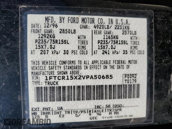 1997 Ford Ranger XLT with VIN 1FTCR15X2VPA50685, listed as a Copart auction lot 81790574 with 128,458 mi miles and Salvage Title. Bid and sale history available at DreamBid. Image 14.