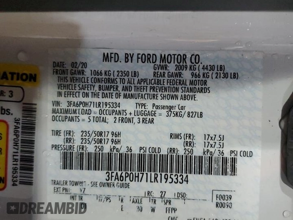2020 Ford Fusion SE with VIN 3FA6P0H71LR195334, listed as a Copart auction lot 42051025 with 47,162 mi miles and Non Repairable. Bid and sale history available at carsss.com. Image 12.