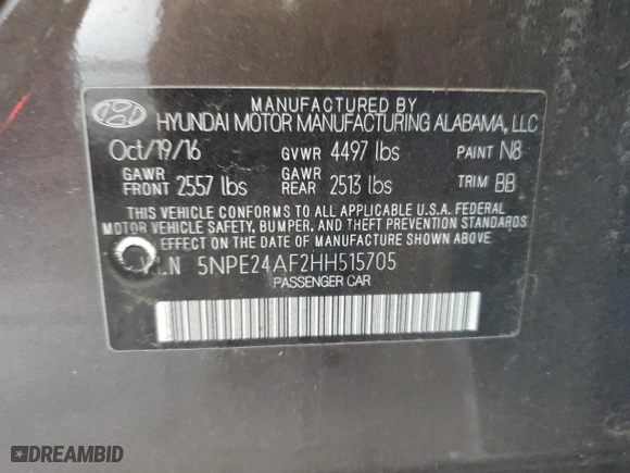 2017 Hyundai Sonata 2.4L with VIN 5NPE24AF2HH515705, listed as a Copart auction lot 48693285 with 178,391 mi miles and Salvage Title. Bid and sale history available at carsss.com. Image 13.