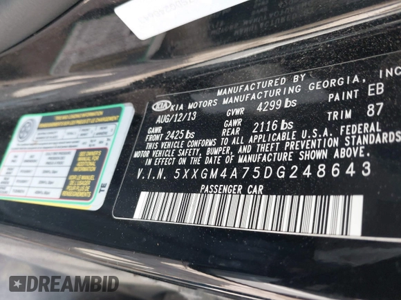 2013 Kia Optima LX with VIN 5XXGM4A75DG248643, listed as a IAAI auction lot 42185470 with 201,860 mi miles and . Bid and sale history available at DreamBid. Image 9.