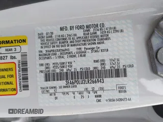 2020 Ford Fusion SE with VIN 3FA6P0LU2LR266943, listed as a IAAI auction lot 42160987 with 61,435 mi miles and . Bid and sale history available at DreamBid. Image 9.