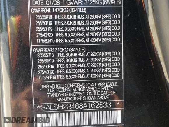 2008 Land Rover Range Rover Sport SC с VIN SALSH23468A162533, выставлен на аукционе Copart как лот 60474745 с пробегом 116 337 миль миль и Списание • Salvage title. История ставок и продаж доступна на DreamBid. Изображение 13.