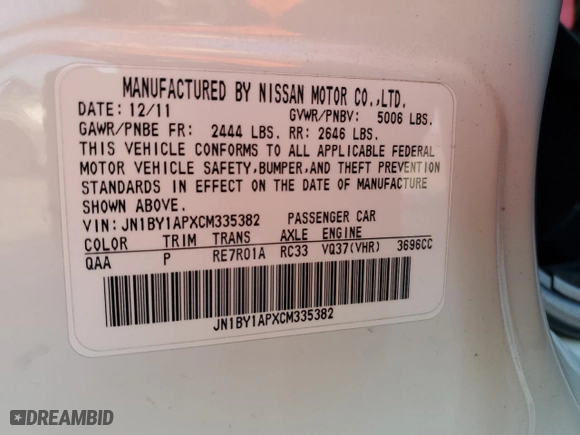 2012 Infiniti M37 with VIN JN1BY1APXCM335382, listed as a Copart auction lot 44333955 with 0 miles and Clean Title. Bid and sale history available at carsss.com. Image 12.