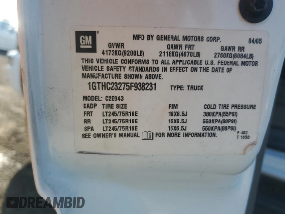 2005 GMC Sierra 1500 with VIN 1GTHC23275F938231, listed as a Copart auction lot 85245654 with 131,868 mi miles and Salvage Title. Bid and sale history available at DreamBid. Image 12.