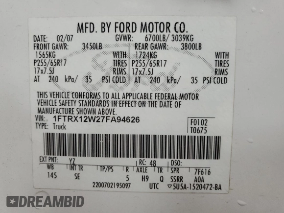 2007 Ford F-150 STX with VIN 1FTRX12W27FA94626, listed as a Copart auction lot 57063525 with 195,005 mi miles and Clean title. Bid and sale history available at DreamBid. Image 13.