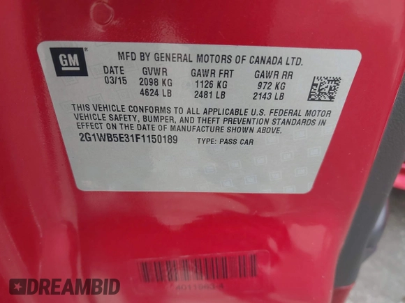 2015 Chevrolet Impala LT with VIN 2G1WB5E31F1150189, listed as a IAAI auction lot 42086861 with 131,588 mi miles and . Bid and sale history available at DreamBid. Image 9.