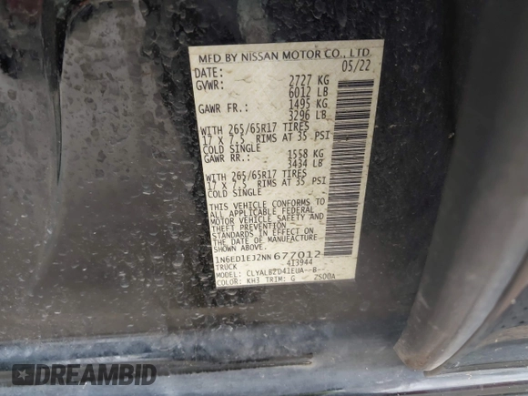 2022 Nissan Frontier SV with VIN 1N6ED1EJ2NN677012, listed as a IAAI auction lot 41967201 with 76,835 mi miles and . Bid and sale history available at DreamBid. Image 9.