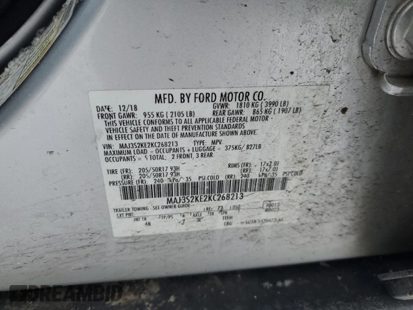 2019 Ford EcoSport Titanium with VIN MAJ3S2KE2KC268213, listed as a Copart auction lot 88722635 with 88,449 mi miles and Salvage Title. Bid and sale history available at DreamBid. Image 15.