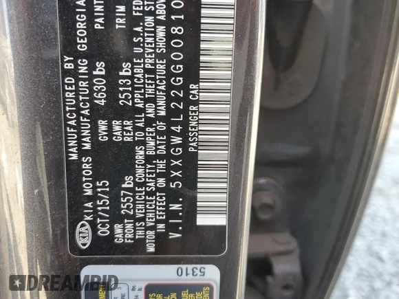 2016 Kia Optima SX Turbo with VIN 5XXGW4L22GG008109, listed as a Copart auction lot 49896805 with 111,822 mi miles and Salvage title. Bid and sale history available at DreamBid. Image 12.
