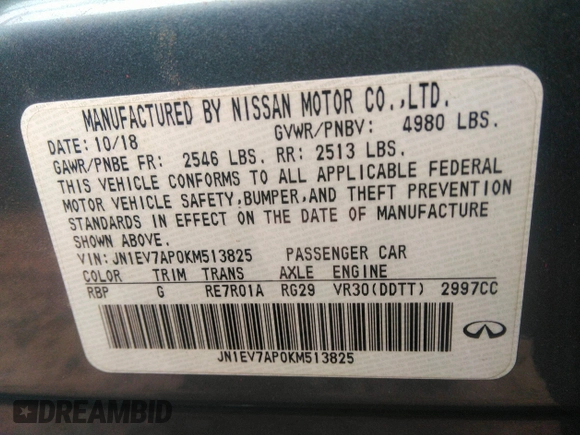 2019 Infiniti Q50 Luxe with VIN JN1EV7AP0KM513825, listed as a IAAI auction lot 41310796 with 92,131 mi miles and . Bid and sale history available at DreamBid. Image 9.