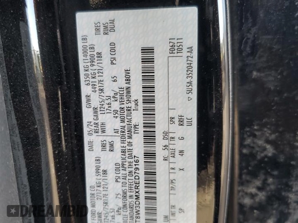 2024 Ford F-350 XL with VIN 1FT8W3DMXRED79167, listed as a Copart auction lot 84619434 with 15,711 mi miles and Salvage Title. Bid and sale history available at DreamBid. Image 14.