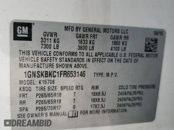 2015 Chevrolet Tahoe LT z VIN 1GNSKBKC1FR653146, wystawiony jako Copart lot #57860775 z przebiegiem 210 348 mil mil oraz Szkoda całkowita • Salvage title. Historia ofert i sprzedaży dostępna na DreamBid. Obrazek 14.