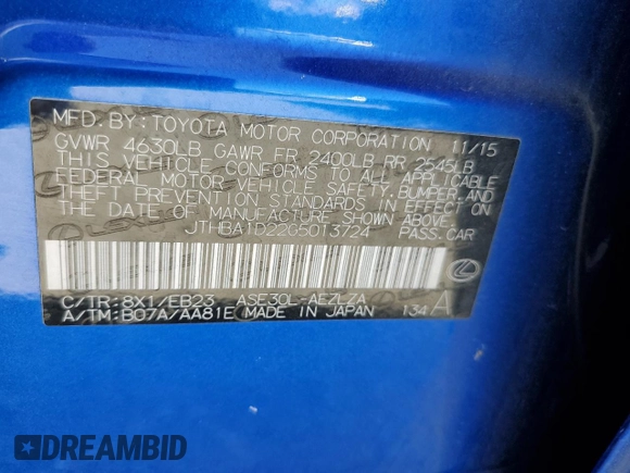 2016 Lexus IS 200t with VIN JTHBA1D22G5013724, listed as a Copart auction lot 52256665 with 104,892 mi miles and Salvage title. Bid and sale history available at DreamBid. Image 12.
