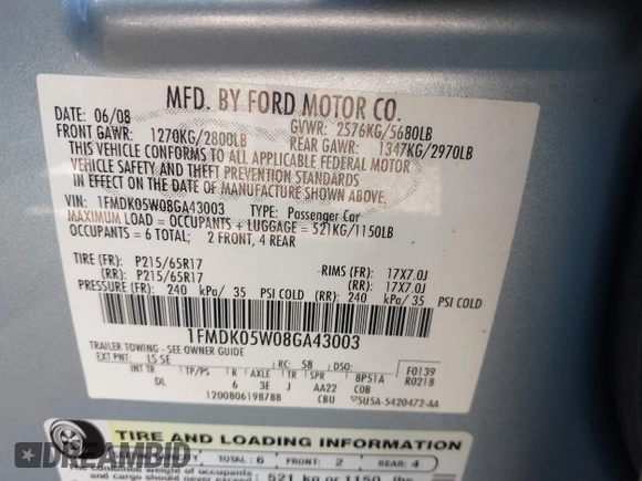 2008 Ford Taurus X SEL with VIN 1FMDK05W08GA43003, listed as a IAAI auction lot 42122695 with 105,484 mi miles and . Bid and sale history available at DreamBid. Image 9.
