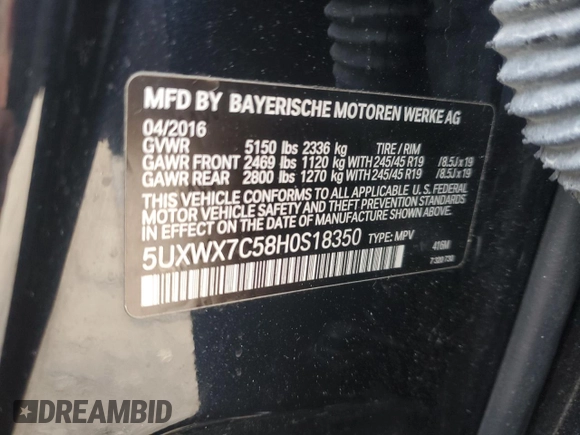 2017 BMW X3 xDrive35i with VIN 5UXWX7C58H0S18350, listed as a Copart auction lot 45501575 with 86,262 mi miles and Salvage Title. Bid and sale history available at DreamBid. Image 13.