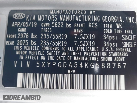 2019 Kia Sorento LX with VIN 5XYPGDA54KG588767, listed as a IAAI auction lot 42683621 with 90,395 mi miles and . Bid and sale history available at DreamBid. Image 9.