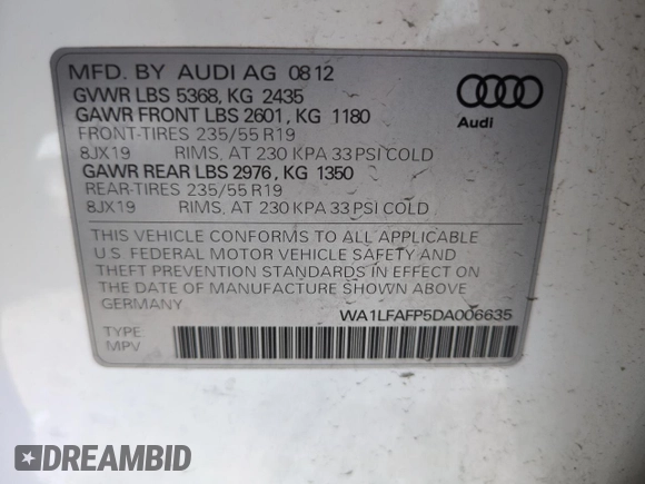2013 Audi Q5 Premium Plus with VIN WA1LFAFP5DA006635, listed as a Copart auction lot 66049215 with 193,364 mi miles and Clean title. Bid and sale history available at DreamBid. Image 12.