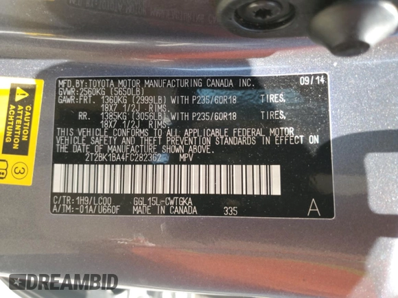 2015 Lexus RX 350 with VIN 2T2BK1BA4FC282362, listed as a Copart auction lot 58801125 with 137,499 mi miles and Non repairable. Bid and sale history available at DreamBid. Image 14.