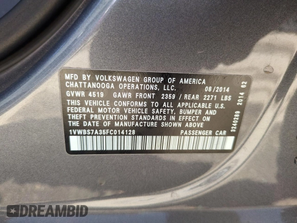 2015 Volkswagen Passat SE with VIN 1VWBS7A35FC014128, listed as a Copart auction lot 51010485 with 154,263 mi miles and Salvage title. Bid and sale history available at DreamBid. Image 12.