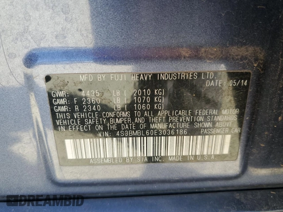 2014 Subaru Legacy Limited z VIN 4S3BMBL60E3036186, wystawiony jako Copart lot #52644255 z przebiegiem 88 051 mil mil oraz Szkoda całkowita • Salvage title. Historia ofert i sprzedaży dostępna na DreamBid. Obrazek 12.