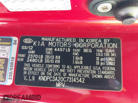 2012 Kia Sportage EX with VIN KNDPC3A20C7314542, listed as a IAAI auction lot 42136754 with 25,729 mi miles and . Bid and sale history available at DreamBid. Image 9.